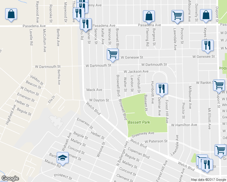 map of restaurants, bars, coffee shops, grocery stores, and more near 2528 Winona Street in Flint