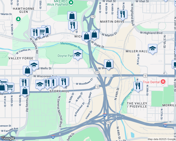 map of restaurants, bars, coffee shops, grocery stores, and more near 4723 West Wells Street in Milwaukee