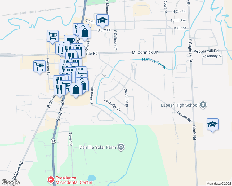 map of restaurants, bars, coffee shops, grocery stores, and more near 298 Jessie Lee Drive in Lapeer
