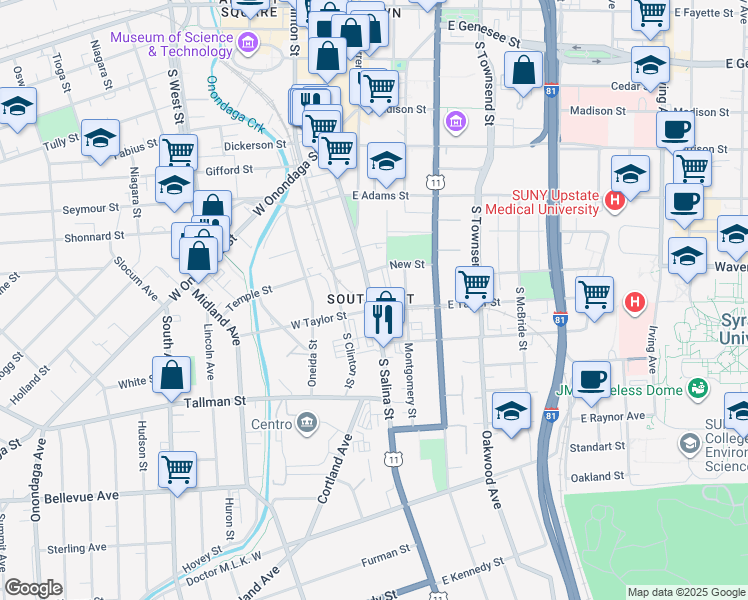 map of restaurants, bars, coffee shops, grocery stores, and more near in Syracuse