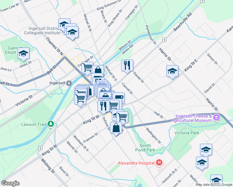 map of restaurants, bars, coffee shops, grocery stores, and more near 117 Mill Street in Ingersoll