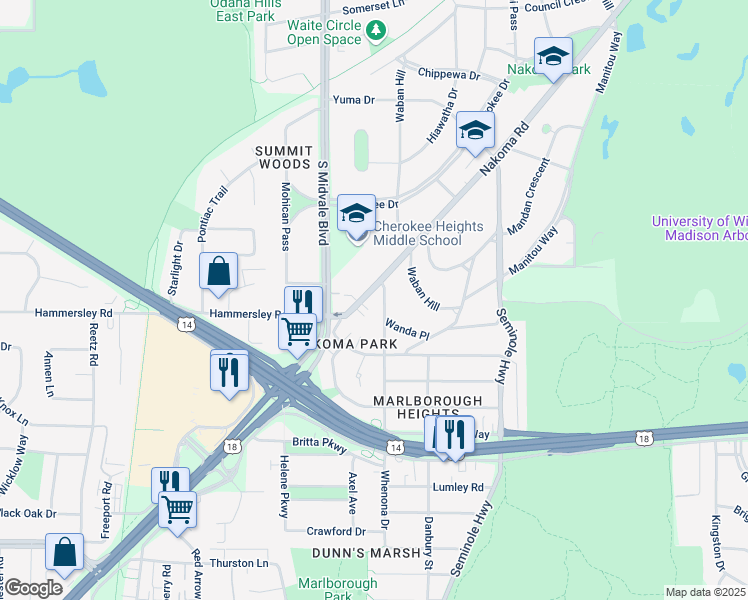 map of restaurants, bars, coffee shops, grocery stores, and more near 4305 Nakoma Road in Madison