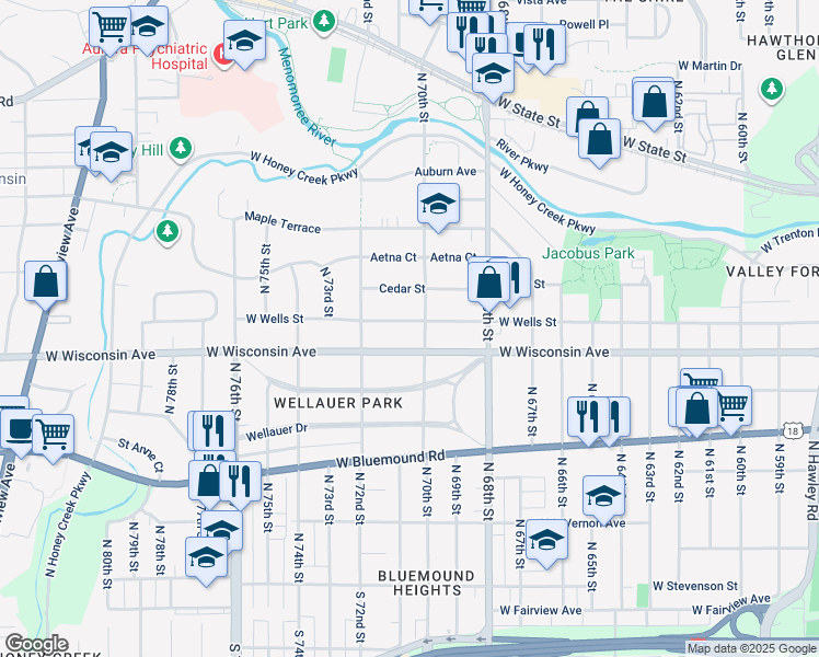 map of restaurants, bars, coffee shops, grocery stores, and more near 7015 West Wells Street in Wauwatosa