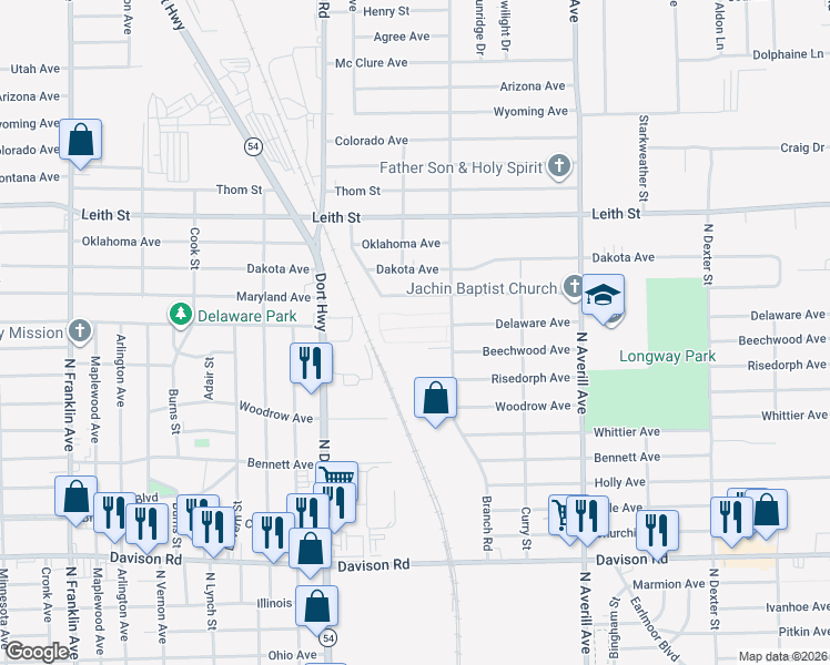 map of restaurants, bars, coffee shops, grocery stores, and more near 93 American Mobile Home Court in Flint