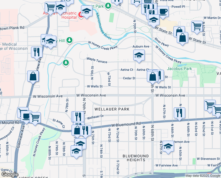 map of restaurants, bars, coffee shops, grocery stores, and more near 7235 West Wells Street in Wauwatosa