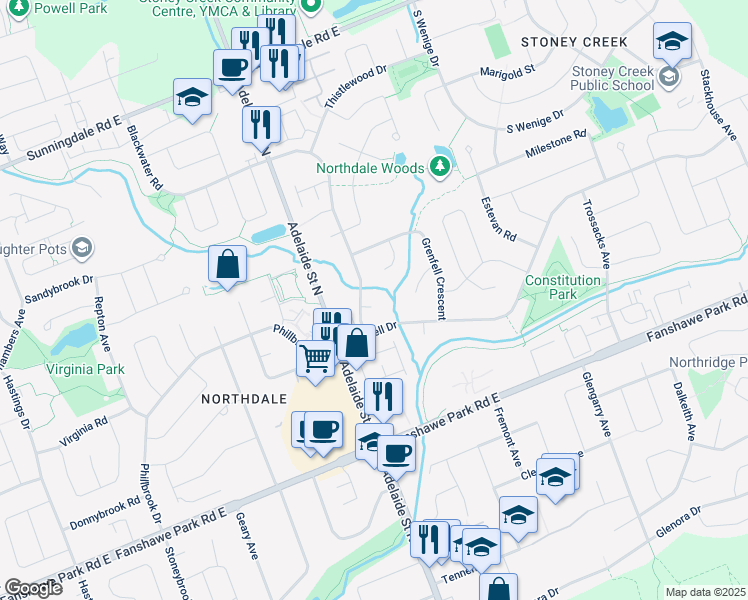 map of restaurants, bars, coffee shops, grocery stores, and more near 1704 Blackwater Court in London
