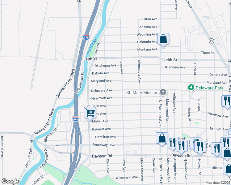 map of restaurants, bars, coffee shops, grocery stores, and more near 1534 Delaware Avenue in Flint