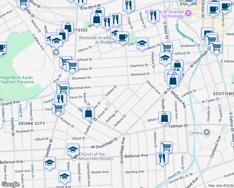 map of restaurants, bars, coffee shops, grocery stores, and more near 140-42 Grace Street in Syracuse