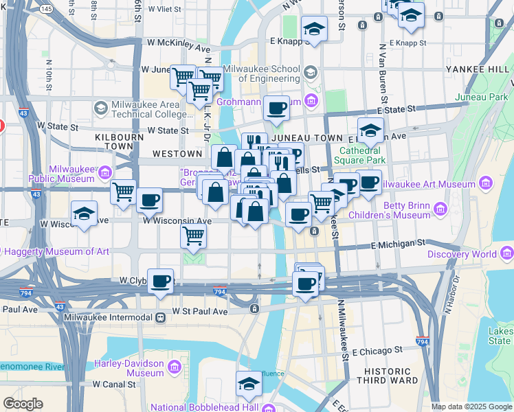 map of restaurants, bars, coffee shops, grocery stores, and more near 740 North Plankinton Avenue in Milwaukee
