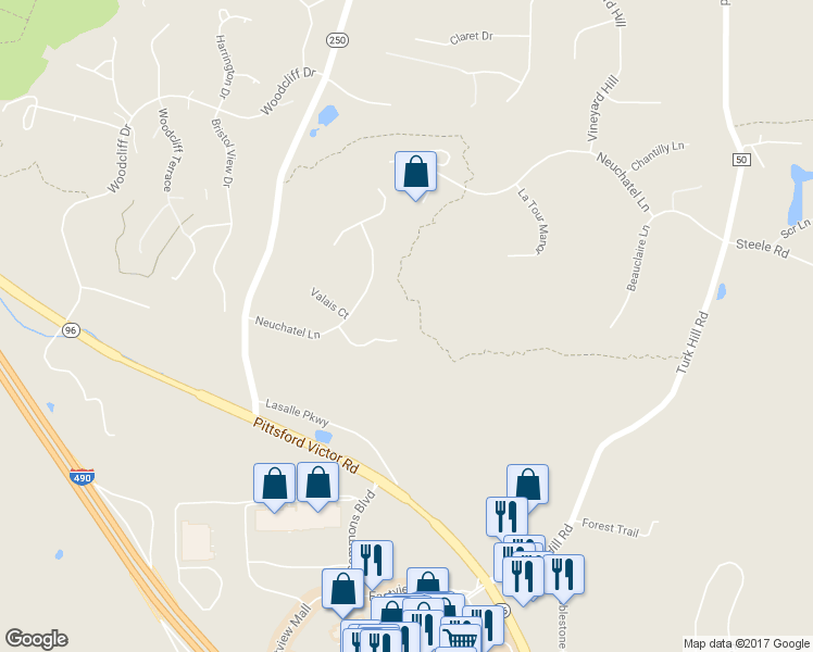 map of restaurants, bars, coffee shops, grocery stores, and more near 6 Cressier Court in Fairport