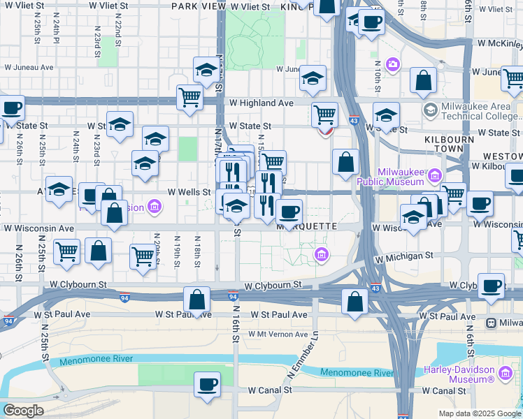 map of restaurants, bars, coffee shops, grocery stores, and more near 1492 West Wisconsin Avenue in Milwaukee