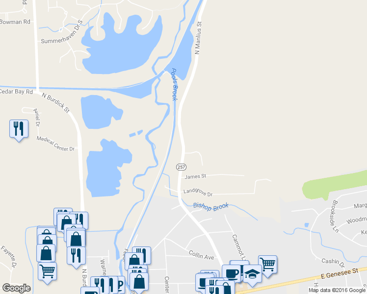 map of restaurants, bars, coffee shops, grocery stores, and more near 5545 North Manlius Street in Fayetteville