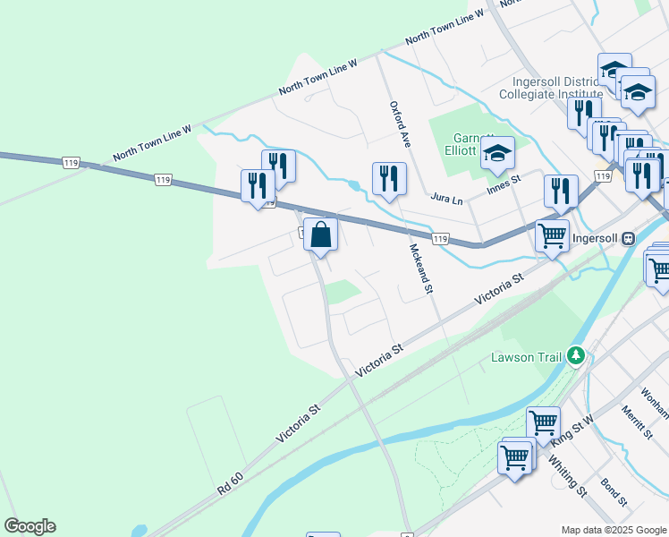 map of restaurants, bars, coffee shops, grocery stores, and more near 220 Ingersoll Street North in Ingersoll