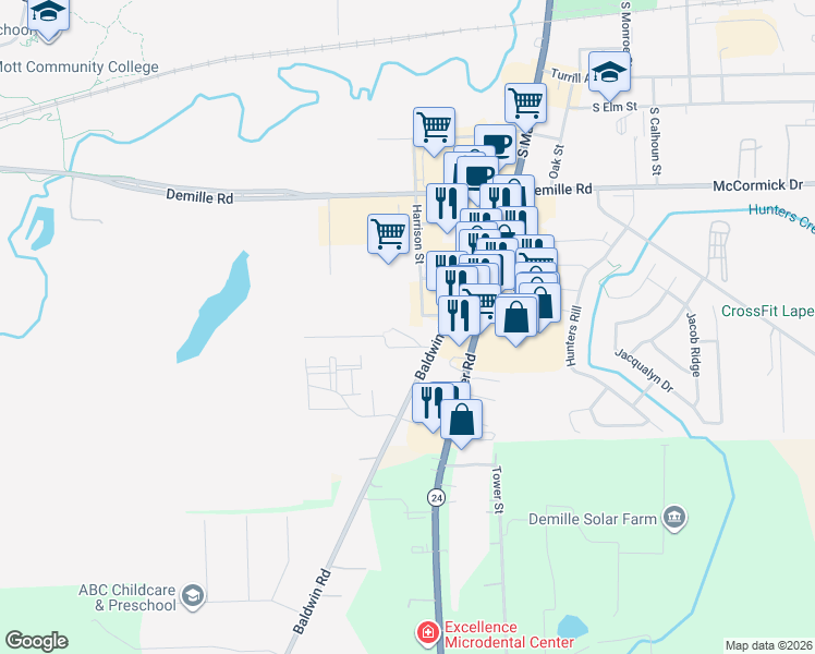map of restaurants, bars, coffee shops, grocery stores, and more near 906 Baldwin Road in Lapeer