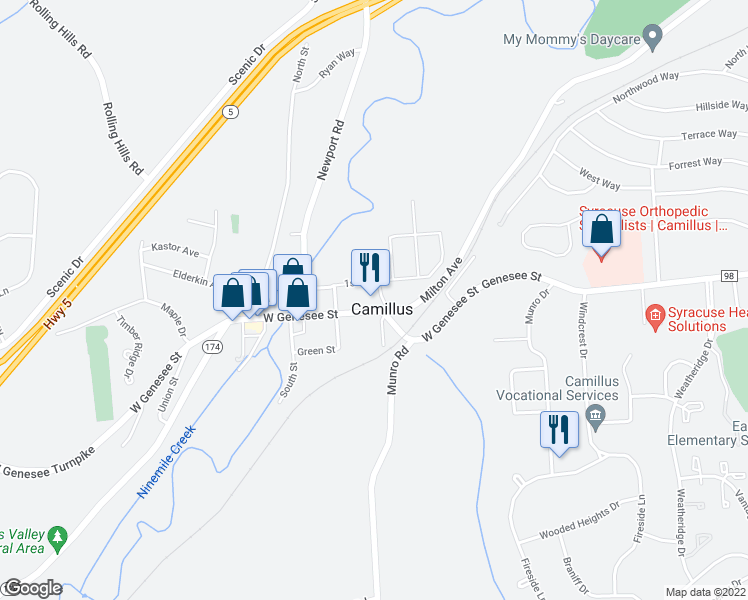 map of restaurants, bars, coffee shops, grocery stores, and more near 2 Main Street in Camillus