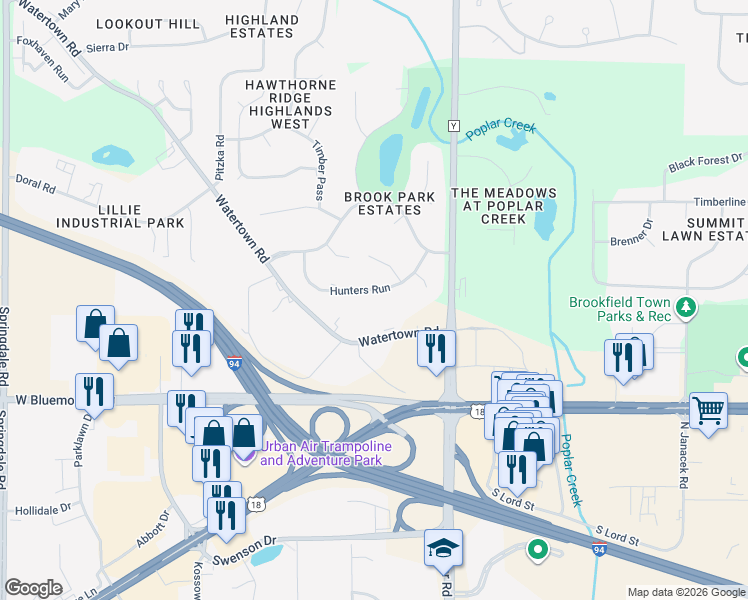 map of restaurants, bars, coffee shops, grocery stores, and more near 20665 Hunters Run in Brookfield