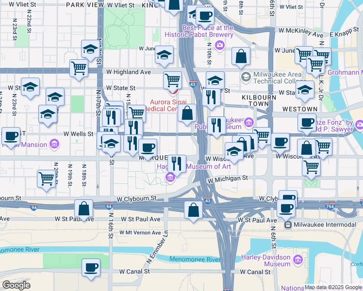 map of restaurants, bars, coffee shops, grocery stores, and more near 770 North 12th Street in Milwaukee