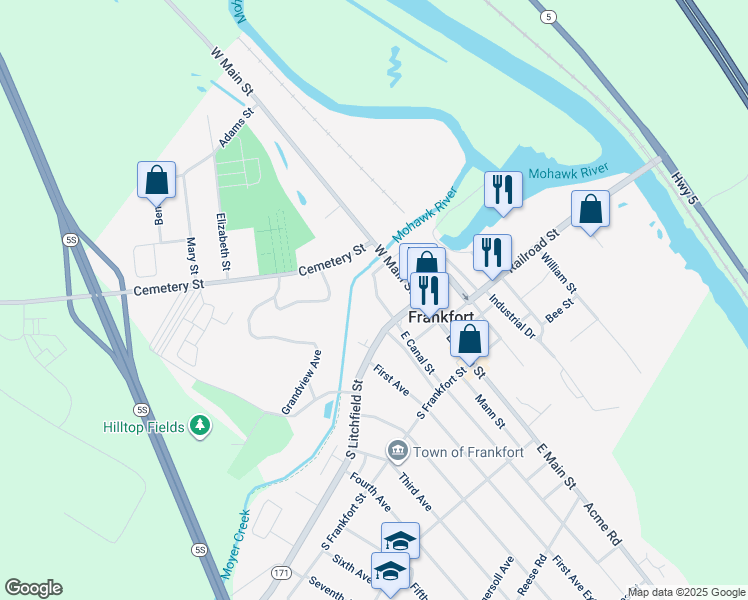 map of restaurants, bars, coffee shops, grocery stores, and more near 140 S Litchfield St in Frankfort