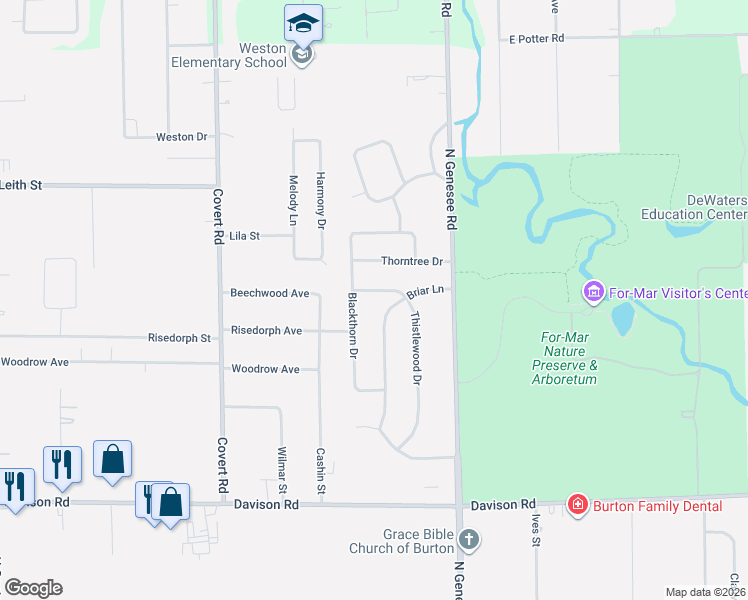 map of restaurants, bars, coffee shops, grocery stores, and more near 2279 Thistlewood Drive in Burton