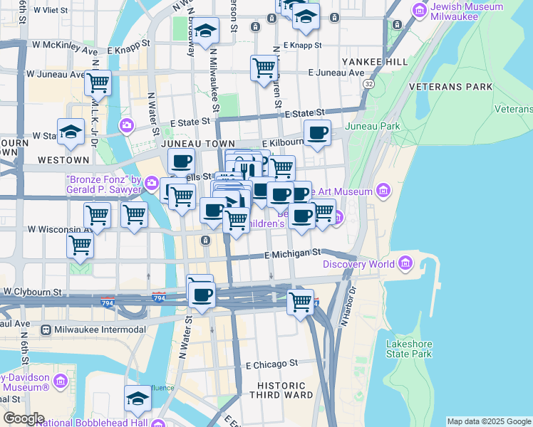 map of restaurants, bars, coffee shops, grocery stores, and more near 731 North Jackson Street in Milwaukee