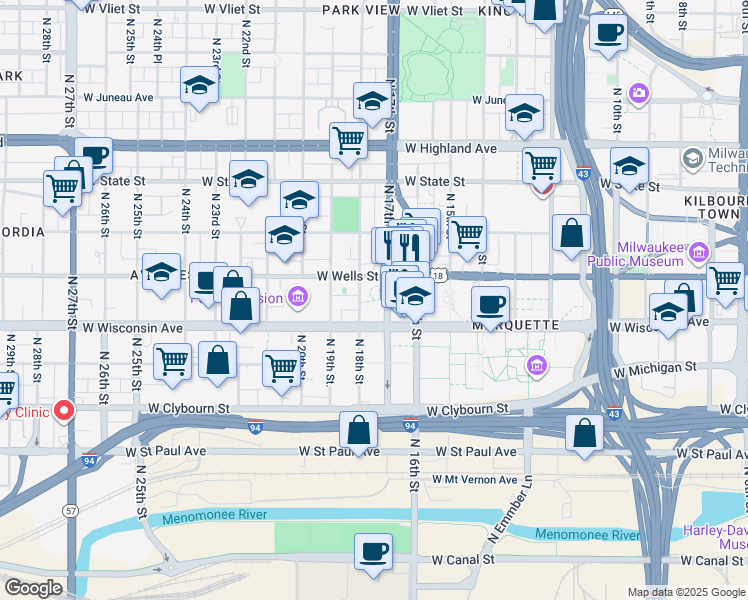 map of restaurants, bars, coffee shops, grocery stores, and more near 721 North 17th Street in Milwaukee