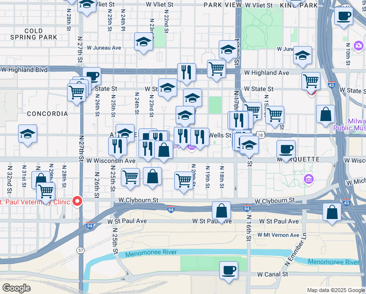 map of restaurants, bars, coffee shops, grocery stores, and more near 2040 West Wisconsin Avenue in Milwaukee