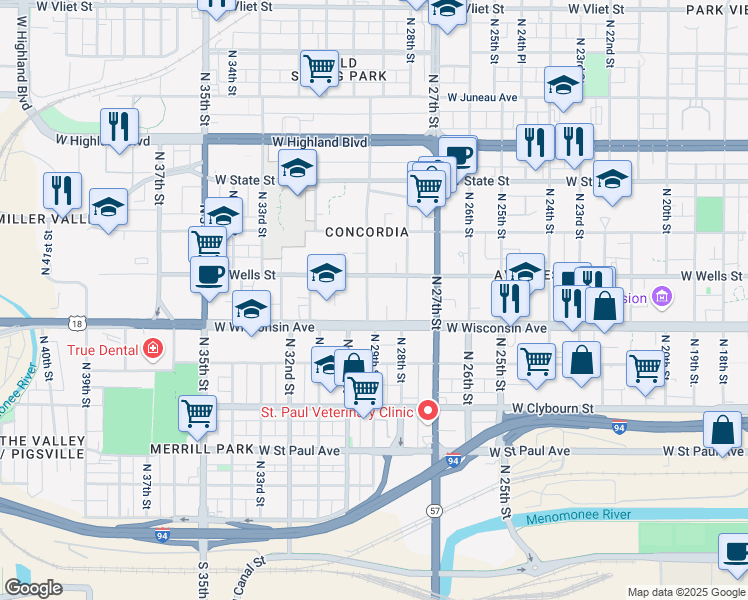 map of restaurants, bars, coffee shops, grocery stores, and more near 2904 West Wisconsin Avenue in Milwaukee