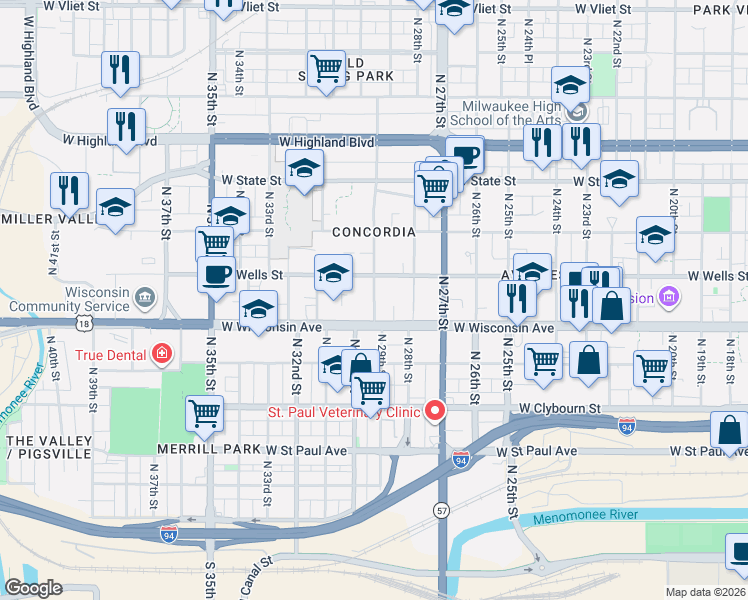 map of restaurants, bars, coffee shops, grocery stores, and more near 2904 West Wisconsin Avenue in Milwaukee