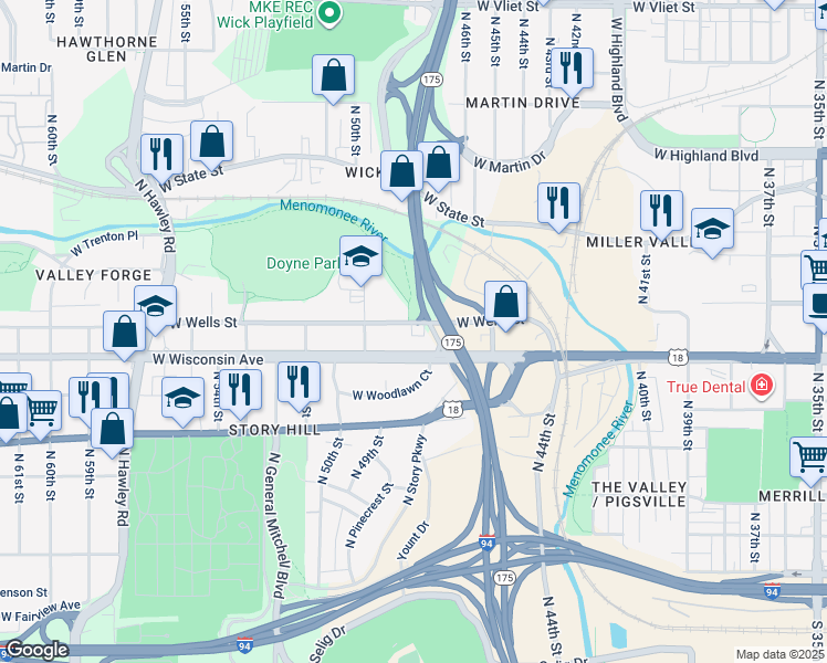 map of restaurants, bars, coffee shops, grocery stores, and more near 4723 West Wells Street in Milwaukee