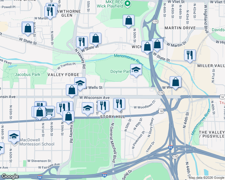 map of restaurants, bars, coffee shops, grocery stores, and more near in Milwaukee