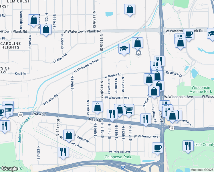 map of restaurants, bars, coffee shops, grocery stores, and more near 802 North 115th Street in Wauwatosa