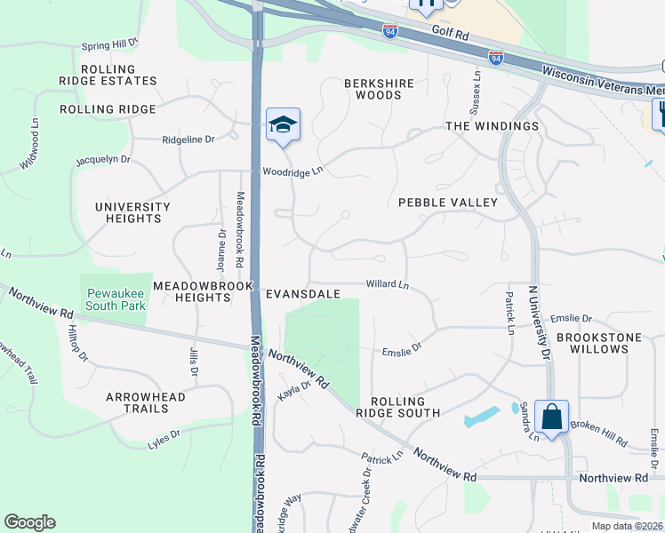 map of restaurants, bars, coffee shops, grocery stores, and more near 2603 Lancaster Drive in Waukesha