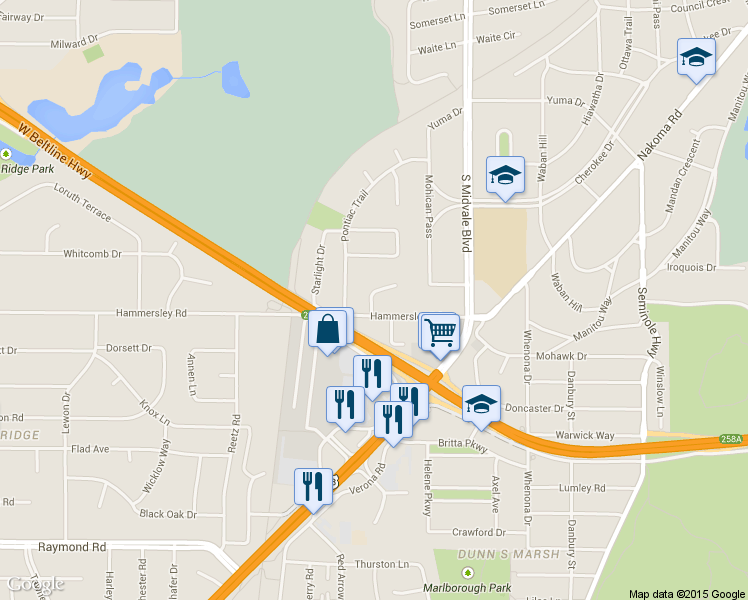 map of restaurants, bars, coffee shops, grocery stores, and more near 4604 Hammersley Road in Madison