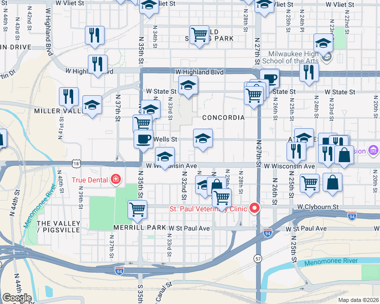 map of restaurants, bars, coffee shops, grocery stores, and more near 734 North 32nd Street in Milwaukee