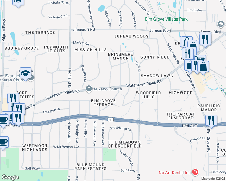 map of restaurants, bars, coffee shops, grocery stores, and more near 14235 Watertown Plank Rd in Elm Grove