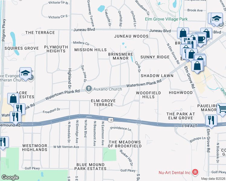 map of restaurants, bars, coffee shops, grocery stores, and more near 14235 Watertown Plank Road in Elm Grove