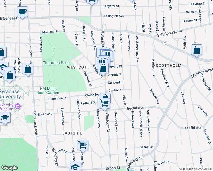 map of restaurants, bars, coffee shops, grocery stores, and more near 105 Westcott Street in Syracuse