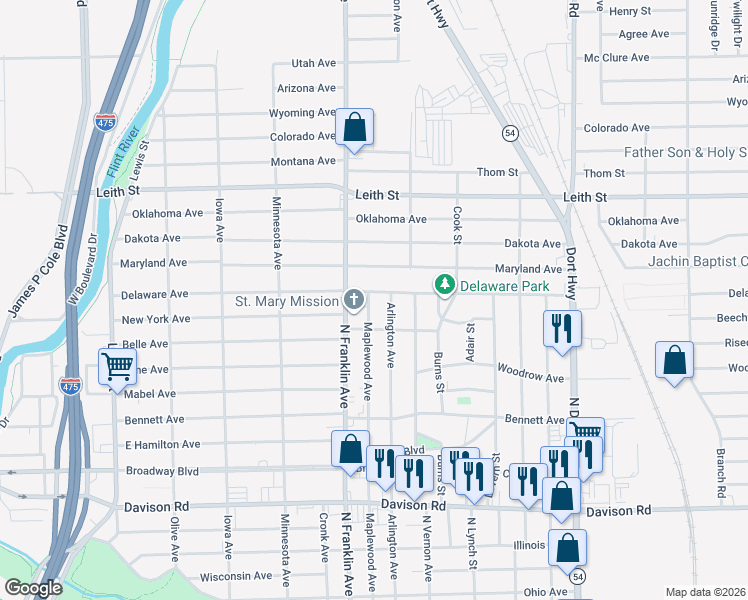 map of restaurants, bars, coffee shops, grocery stores, and more near 2612 Maplewood Avenue in Flint
