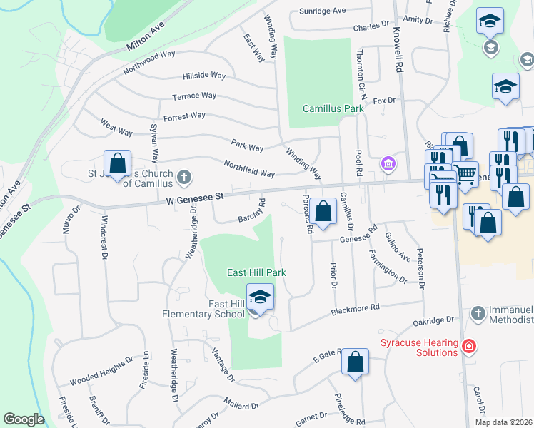 map of restaurants, bars, coffee shops, grocery stores, and more near 107 Barclay Rd in Camillus