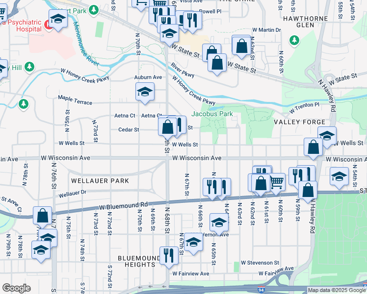 map of restaurants, bars, coffee shops, grocery stores, and more near 6707 West Wells Street in Wauwatosa