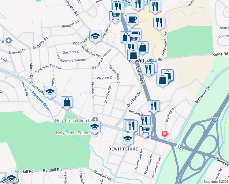 map of restaurants, bars, coffee shops, grocery stores, and more near 212 Haddonfield Dr in Syracuse