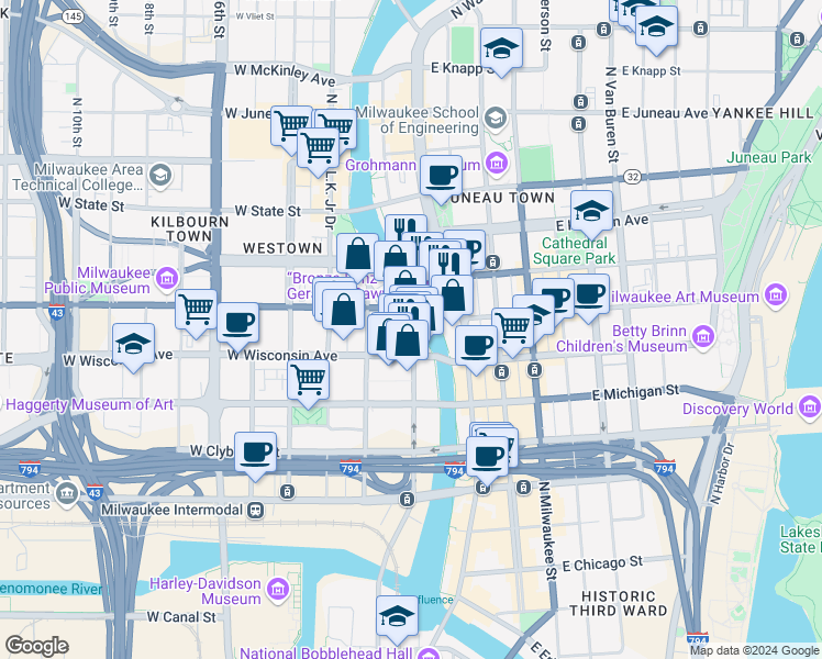 map of restaurants, bars, coffee shops, grocery stores, and more near 730 North Plankinton Avenue in Milwaukee