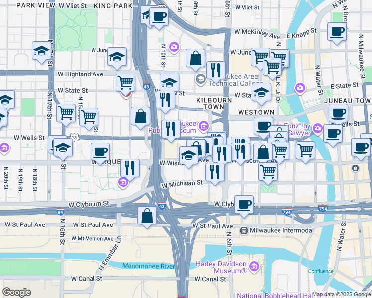 map of restaurants, bars, coffee shops, grocery stores, and more near 814 West Wisconsin Avenue in Milwaukee
