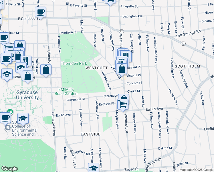 map of restaurants, bars, coffee shops, grocery stores, and more near 412 Greenwood Place in Syracuse