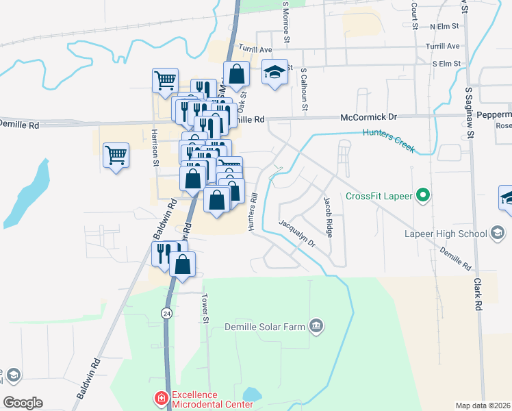 map of restaurants, bars, coffee shops, grocery stores, and more near 83 Hunters Rill in Lapeer