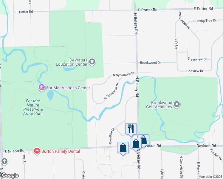 map of restaurants, bars, coffee shops, grocery stores, and more near 5401 South Sycamore Drive in Burton