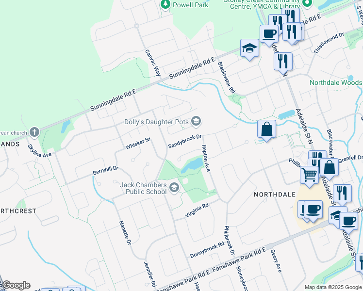 map of restaurants, bars, coffee shops, grocery stores, and more near 483 Sandybrook Drive in London