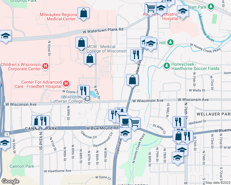 map of restaurants, bars, coffee shops, grocery stores, and more near 738 Windsor Court in Wauwatosa