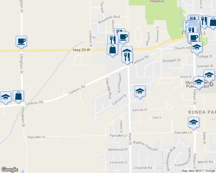 map of restaurants, bars, coffee shops, grocery stores, and more near 28 Oakridge Boulevard in Pelham