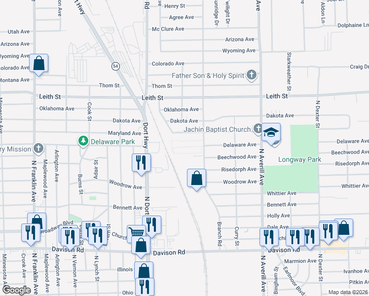 map of restaurants, bars, coffee shops, grocery stores, and more near 93 American Mobile Home Court in Flint